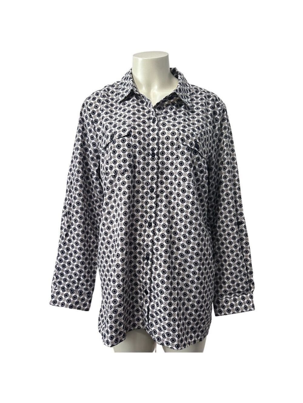 Notations Black White Beige Geometric Button Down Women’s Shirt XL